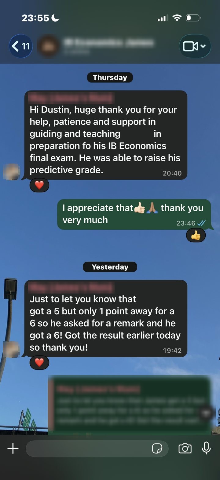WhatsApp message from a parent thanking Dustin for raising their son's predicted grade
