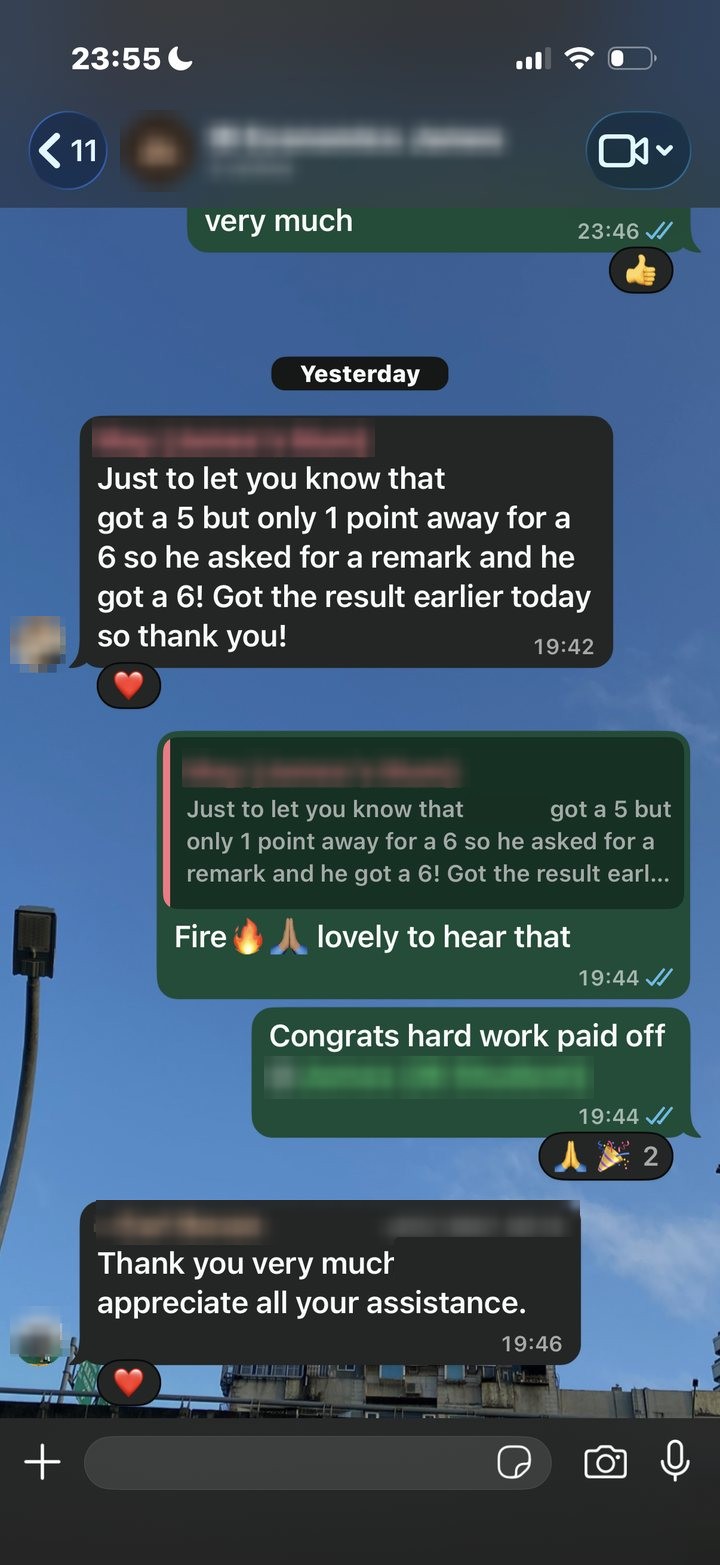 WhatsApp messages after a remark result, the student went from a 5 to a 6