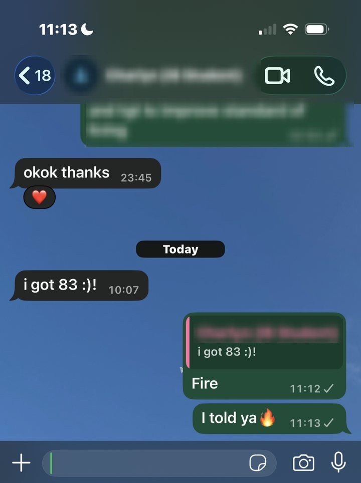 WhatsApp message from a student on results day, i got 83
