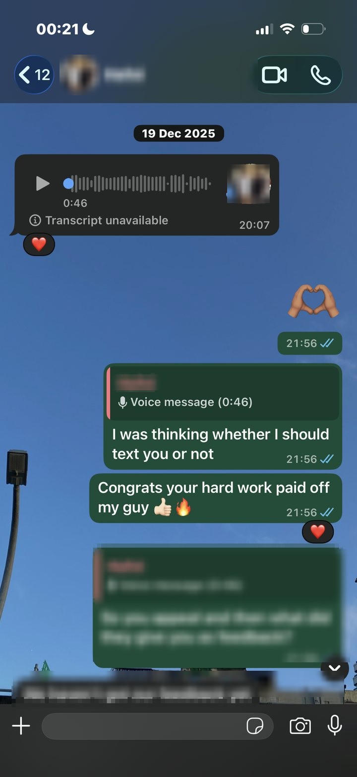 WhatsApp chat with a November 2025 graduate after results day, voice message and congratulations